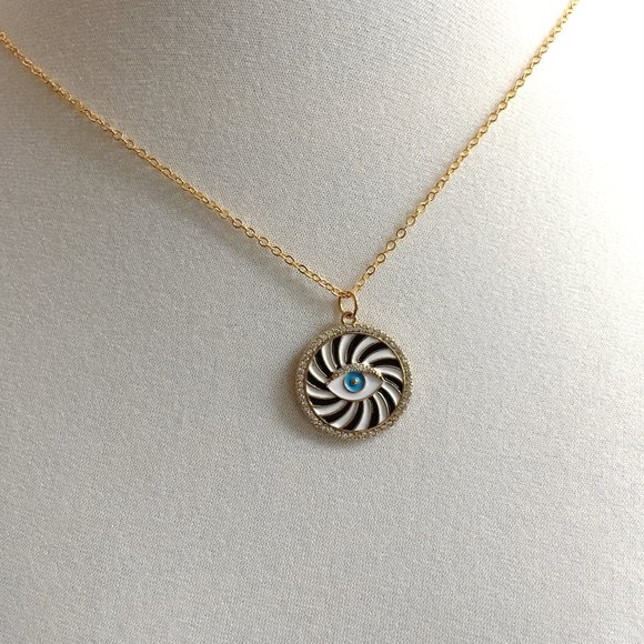 Gold Plated Evil Eye Cubic Zirconia Black White Enamel Charm Pendant Necklace - Picture 7 of 8